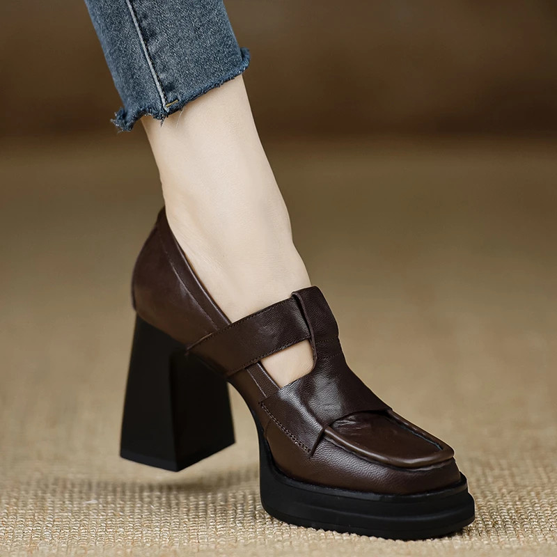 Genuine leather cowhide waterproof platform chunky heel height-increasing comfortable women's shoes for spring and autumn, square toe deep mouth single shoes.