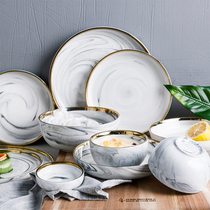 ins painted gold plate Nordic light luxury marbled ceramic tableware Phnom Penh disc flat plate rice bowl large soup bowl