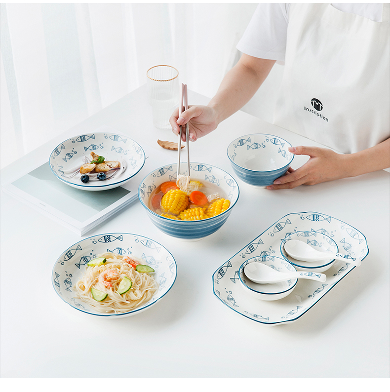 Nordic small pure and fresh and ceramic tableware dishes dishes suit household rectangle large fish dish deep dish of rice bowls