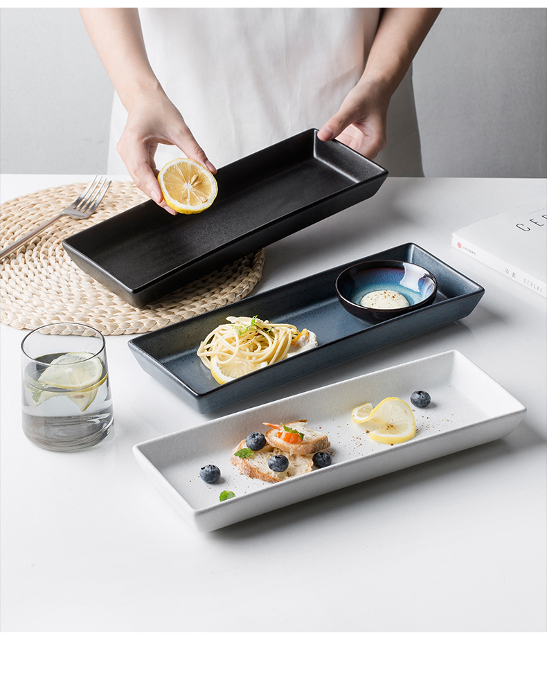 Japanese cuisine disc rectangular simple black and white ceramic grinding sushi plate rectangular beef hot pot snack plate