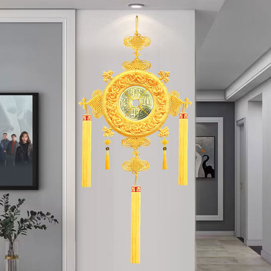 Yellow Copper Coin Chinese Knot Pendant Large Living Room Hanging Ornament for Attracting Wealth and Protecting the Home, Chinese Festival Ethnic Style Decoration, Pure Copper