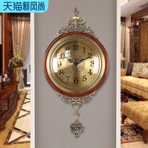 European luxury vintage wall clock American solid wood household living room watch swing silent metal creative atmosphere hanging watch