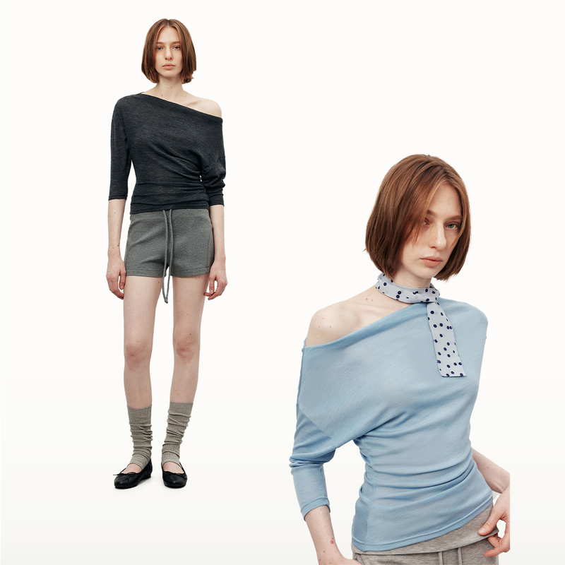 Orasolis "Three Ways to Wear It: 65% Lyocell* Boat Neck Asymmetrical Shoulder Off-Shoulder Three-Quarter Sleeve T-Shirt High-End Top