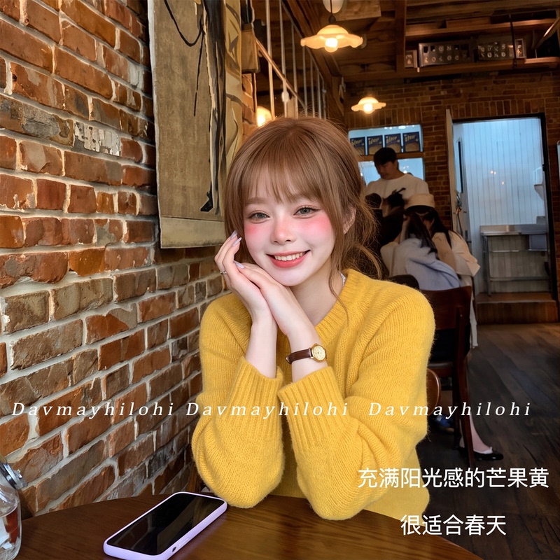 Davmay Recommends~ Mango Yellow Cashmere Round Neck Sweater for Women, 2026 Korean Style Light Luxury High-End Knitwear