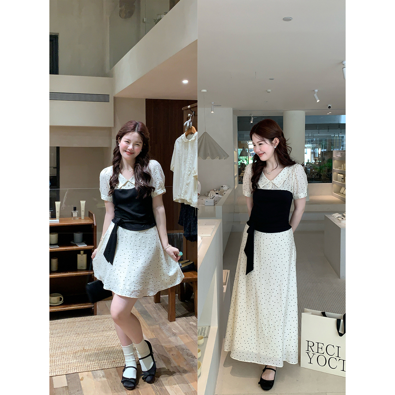 Fire Fire Fire【Sicily Islands】Korean Style Color-Blocking Short-Sleeve Polka Dot Dress for Women with a Gentle Lapel and Long Skirt Fire Fire Fire【Sicily Islands】Korean Style Color-Blocking Short-Sleeve Polka Dot Dress for Women with a Gentle Lapel and Long Skirt