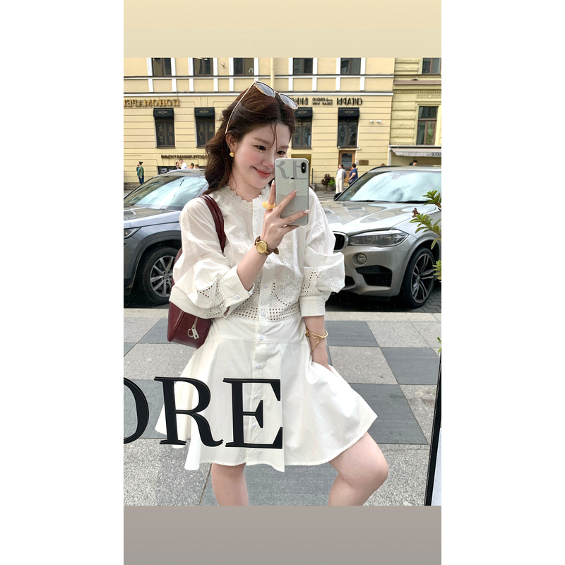 Fire Fire Fire【White Peach Milk】100% Cotton Korean Style Embroidered Long Sleeve Dress for Women, Gentle and Elegant Autumn Short Dress