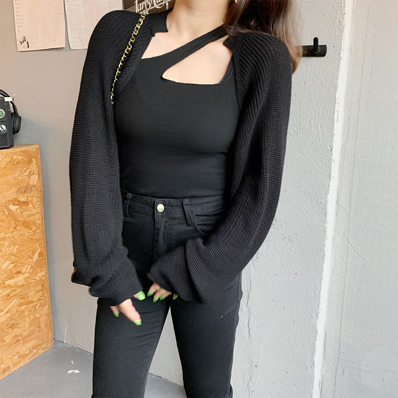 King Grape Micro Fat Mm Early Autumn New Hair Knitwear Slitting Strap Vest Two-piece Suit Black SKINNY SWEATER WOMAN