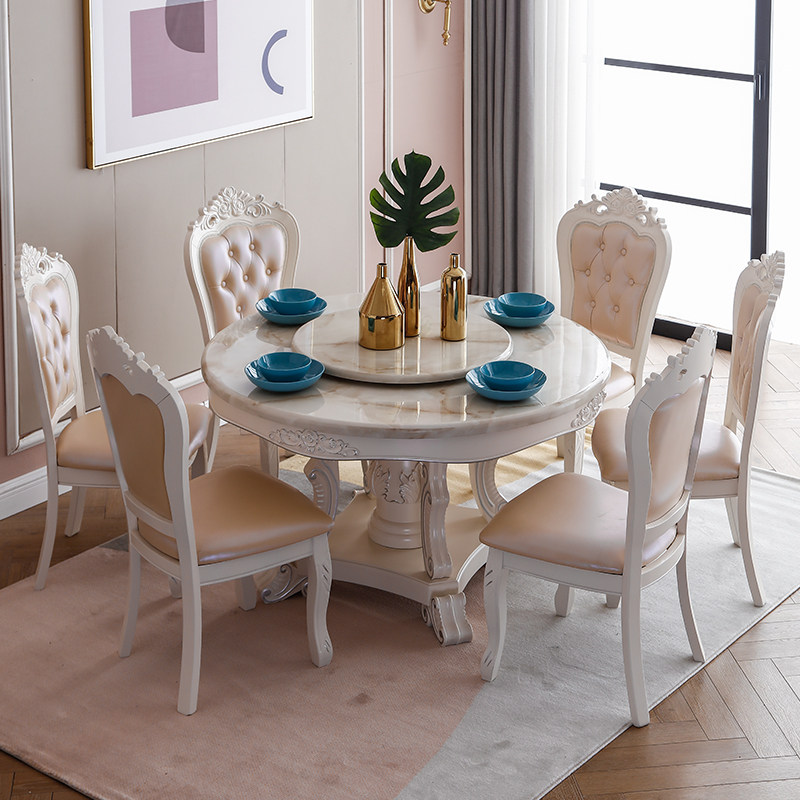 Marble dining table European dining table and chair combination with turntable round table simple European simple small apartment round solid wood household