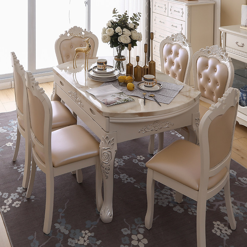 Sleeping European dining table and chair combination small apartment marble retractable dining table folding round household solid wood round table