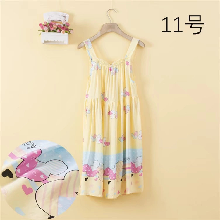 Mùa hè cotton lụa không tay váy ngủ phụ nữ mùa hè màu áo vest cotton lụa pyjama váy rayon dịch vụ nhà mỏng phần - Đêm đầm