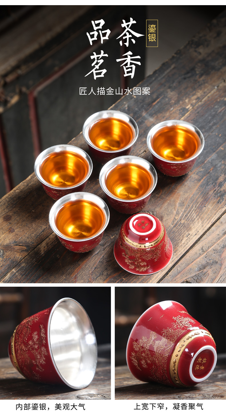 Jingdezhen ji red 999 sterling silver tea set tasted silver gilding kung fu tea teapot teacup of a complete set of household contracted