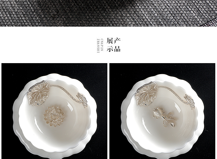 Dehua white porcelain inlay silver ceramic cups kung fu tea set silver sample tea cup master cup built single lamp cup tea bowl