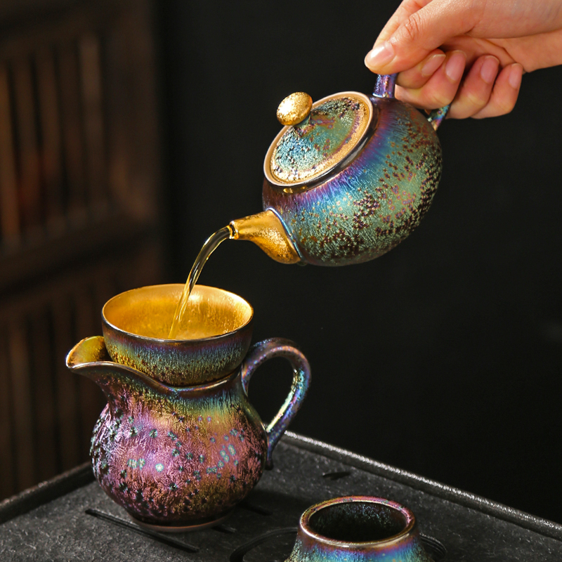 High - end kung fu tea set 7 see colour built lamp light much fine gold teapot teacup mix of a complete set of ceramic creative gift