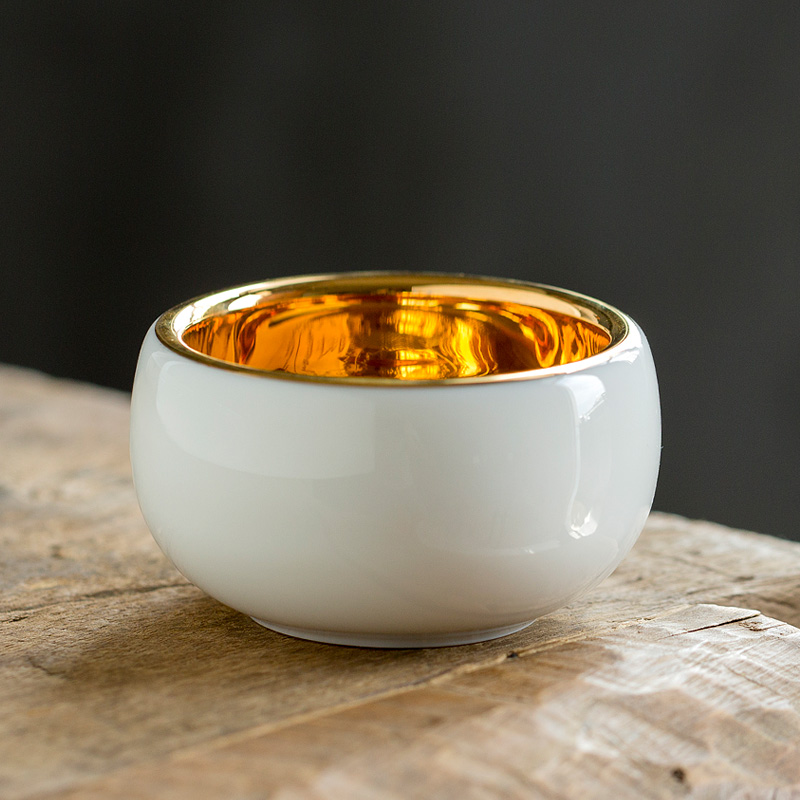 Lin Xiaowei 24 k pure gold cup suet jade white porcelain ceramic kung fu tea set checking fine gold yellow marigold masters cup