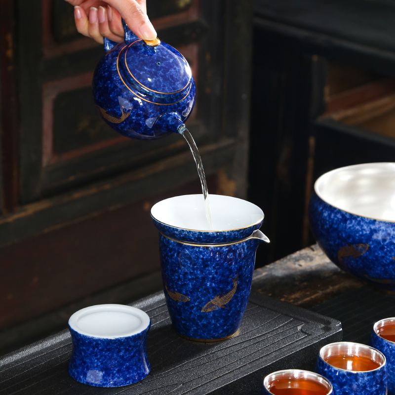 Ji see colour year after year have fish jingdezhen blue hand draw little teapot checking ceramic household kung fu tea kettle