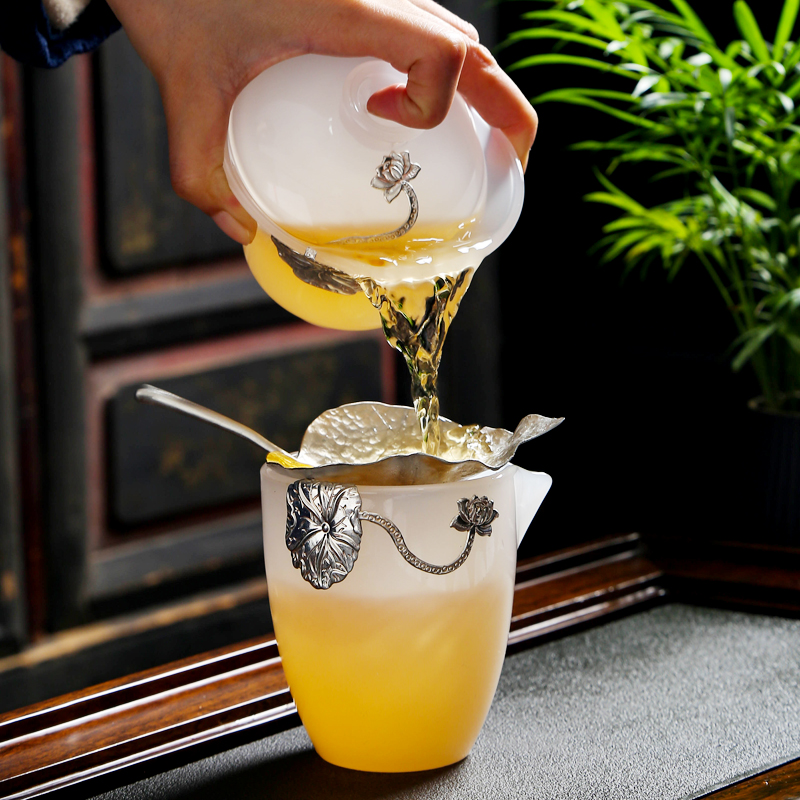 Lin Xiaowei fair silver inlaid with jade porcelain cup tea zen tea sea points white porcelain glass colored glaze kung fu tea set accessories