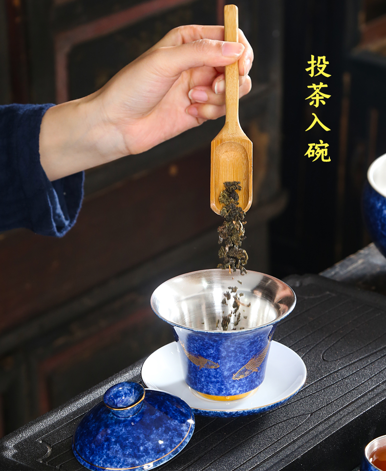 Jingdezhen coppering. As silver fish every year kung fu tea set home sitting room hand - made ceramic tea cup tea art gift set