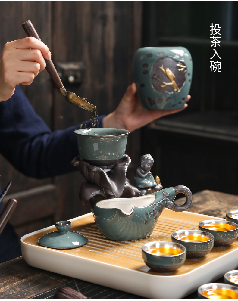 Tasted silver gilding lazy tea set, informs building light gold konoha atone semi - automatic teapot kung fu tea set, ceramic