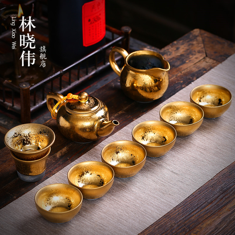 Gold iron tire building light tea suit household kung fu tea oil droplets temmoku teapot teacup set of ceramic