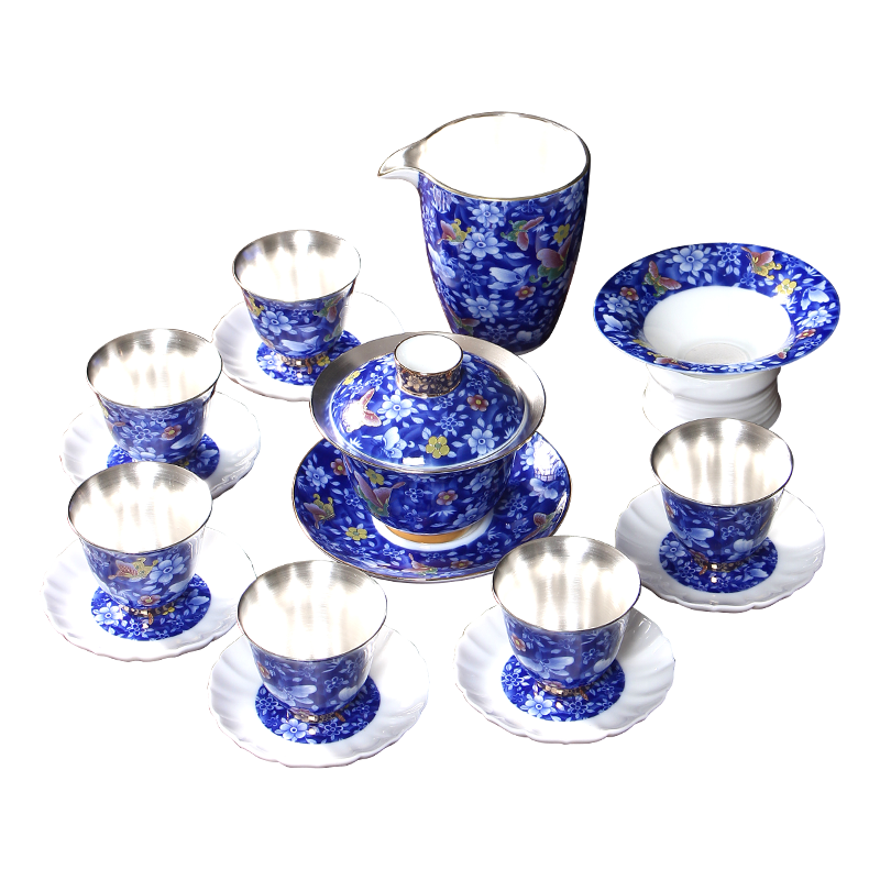 Jingdezhen tasted silver gilding hand - made tureen kung fu of blue and white porcelain tea sets big household ceramic teapot teacup gift boxes