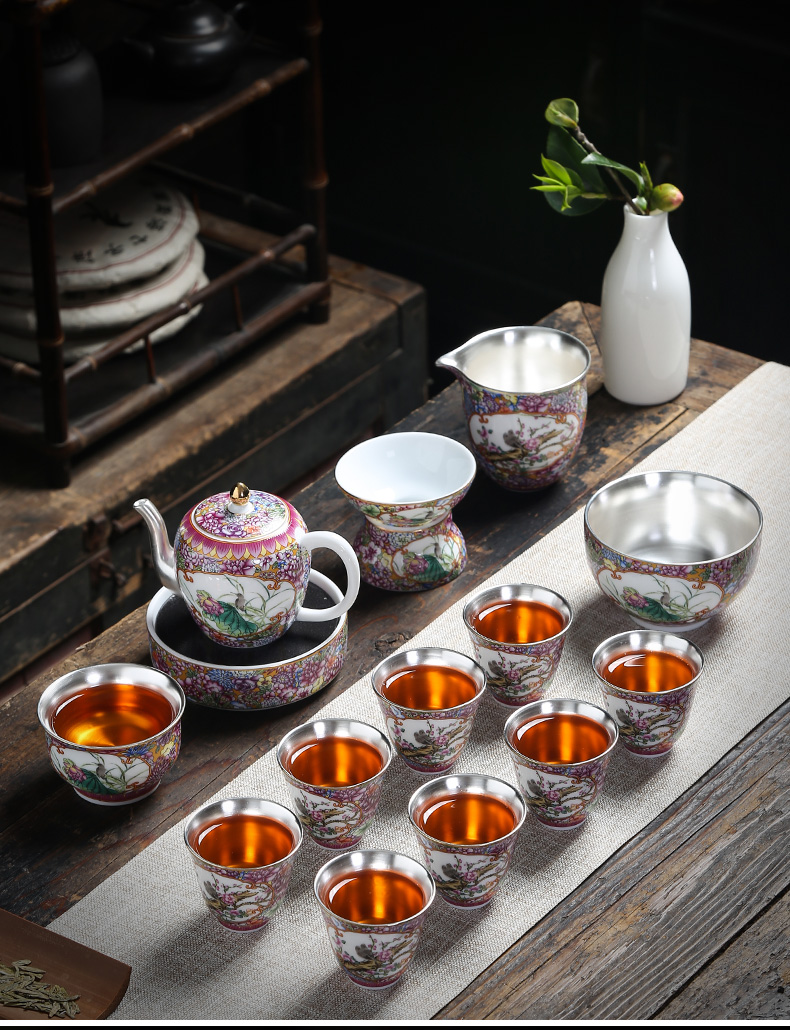 Jingdezhen silver colored enamel kung fu tea set suit mine loader built a complete set of ceramic tea tureen silver cup gift box