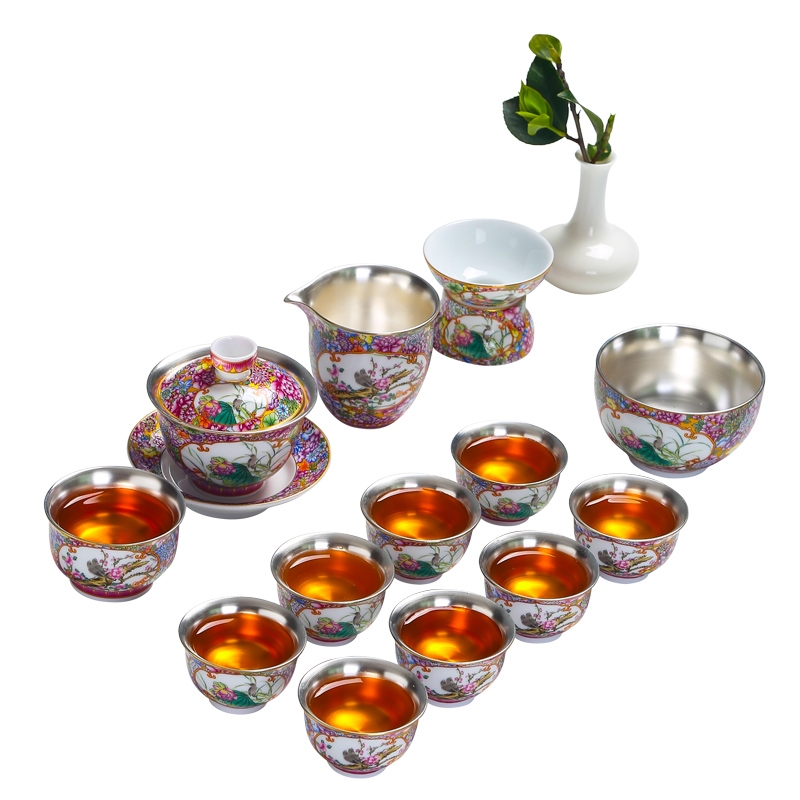 Jingdezhen silver colored enamel kung fu tea set suit mine loader built a complete set of ceramic tea tureen silver cup gift box