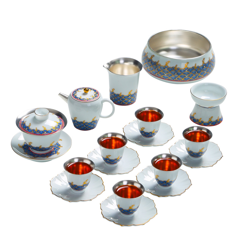 Tasted silver gilding kung fu tea set ceramic silver tea service of a complete set of household teapot teacup silver tureen gift boxes