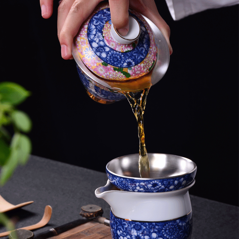 Jingdezhen blue and white porcelain ceramic with silver tea set a complete set of silver kung fu tea tea tureen tea cups