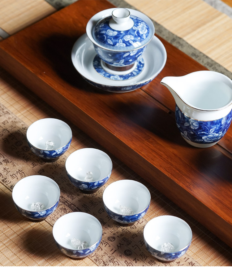 Jingdezhen blue and white porcelain tea set ceramic checking kung fu tea set the whole household silver teapot teacup