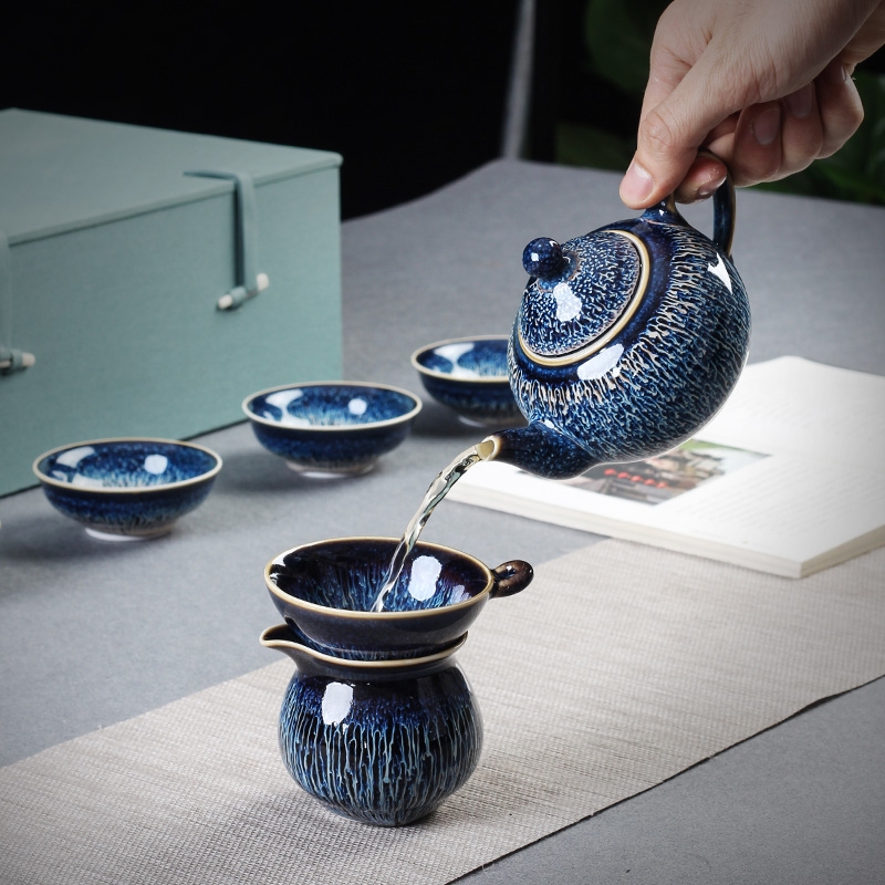 Jingdezhen ceramic up temmoku glaze teacup tureen large pure manual kung fu tea set three bowl of tea cup masterpieces