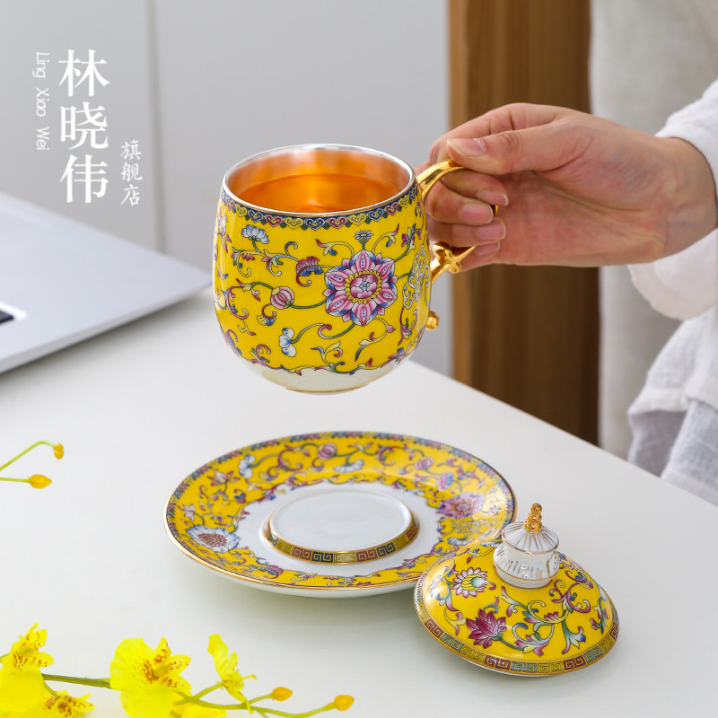Jingdezhen porcelain enamel glass with cover office personal mark cup 999 sterling silver cup tea cups