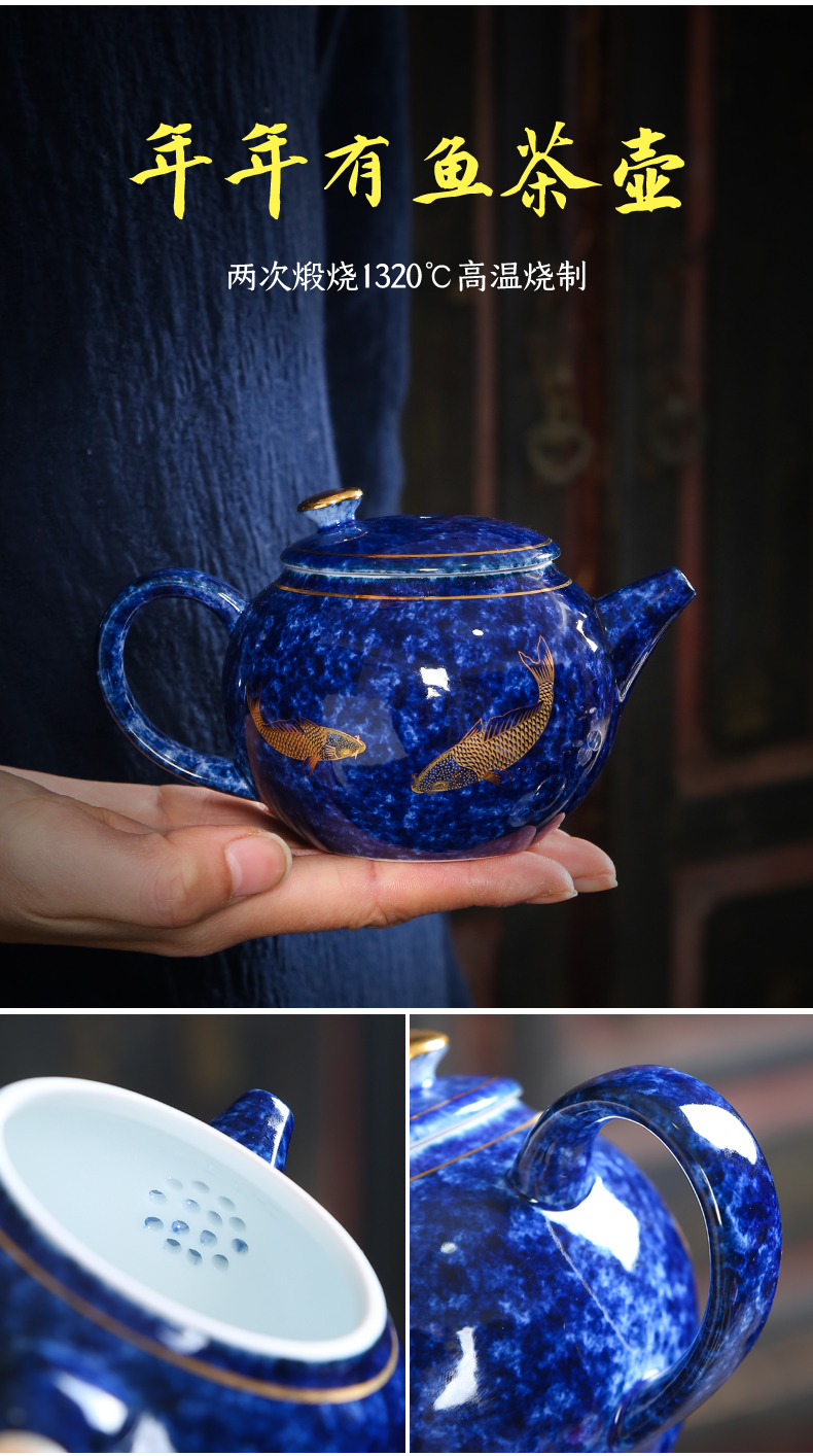 Ji see colour year after year have fish jingdezhen blue hand draw little teapot checking ceramic household kung fu tea kettle