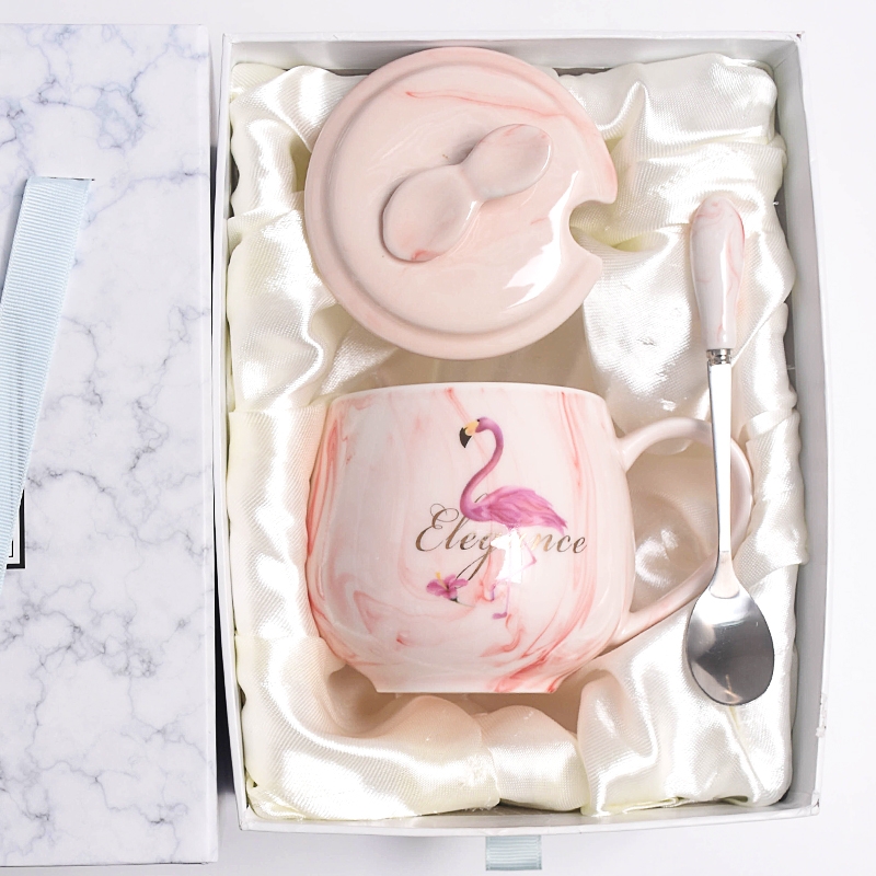 Ins the flamingo female mark cup with cover teaspoons of creative move trend ceramic cups of coffee breakfast picking cups