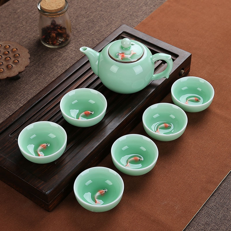 Special offer brocade carp tea set celadon kung fu tea cup gift boxes of a complete set of company LOGO customized gifts