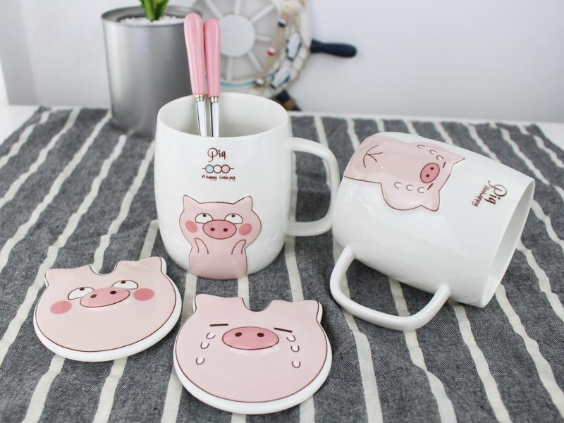 Cup one creative express cartoon pig mugs pink girl heart spoon glass ceramic Cup with cover