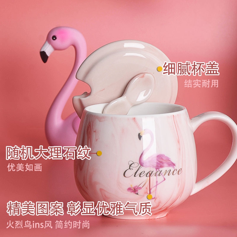 Ins the flamingo female mark cup with cover teaspoons of creative move trend ceramic cups of coffee breakfast picking cups
