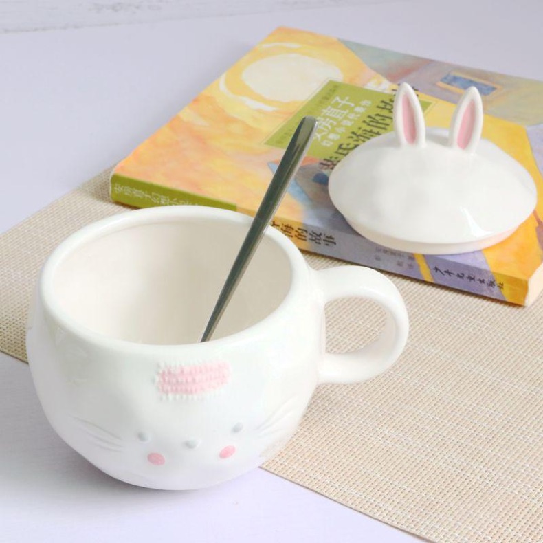 Young girl heart cup rabbit ear mark ceramic cup with cover spoon students lovely super cup oats cup of milk breakfast