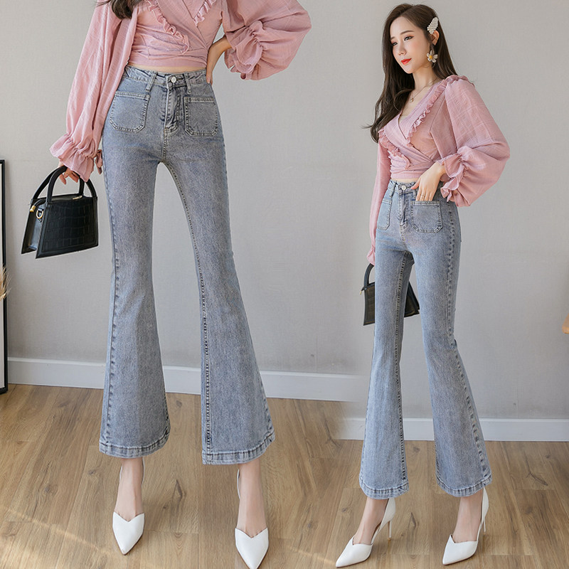 2022 autumn and winter new micro-flared pants women's high waist slim loose wide leg pants light color cropped stretch jeans