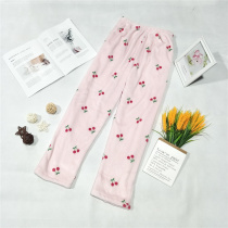 Autumn and winter womens coral velvet pants thickened cartoon casual loose pajamas warm home pants with pants bag