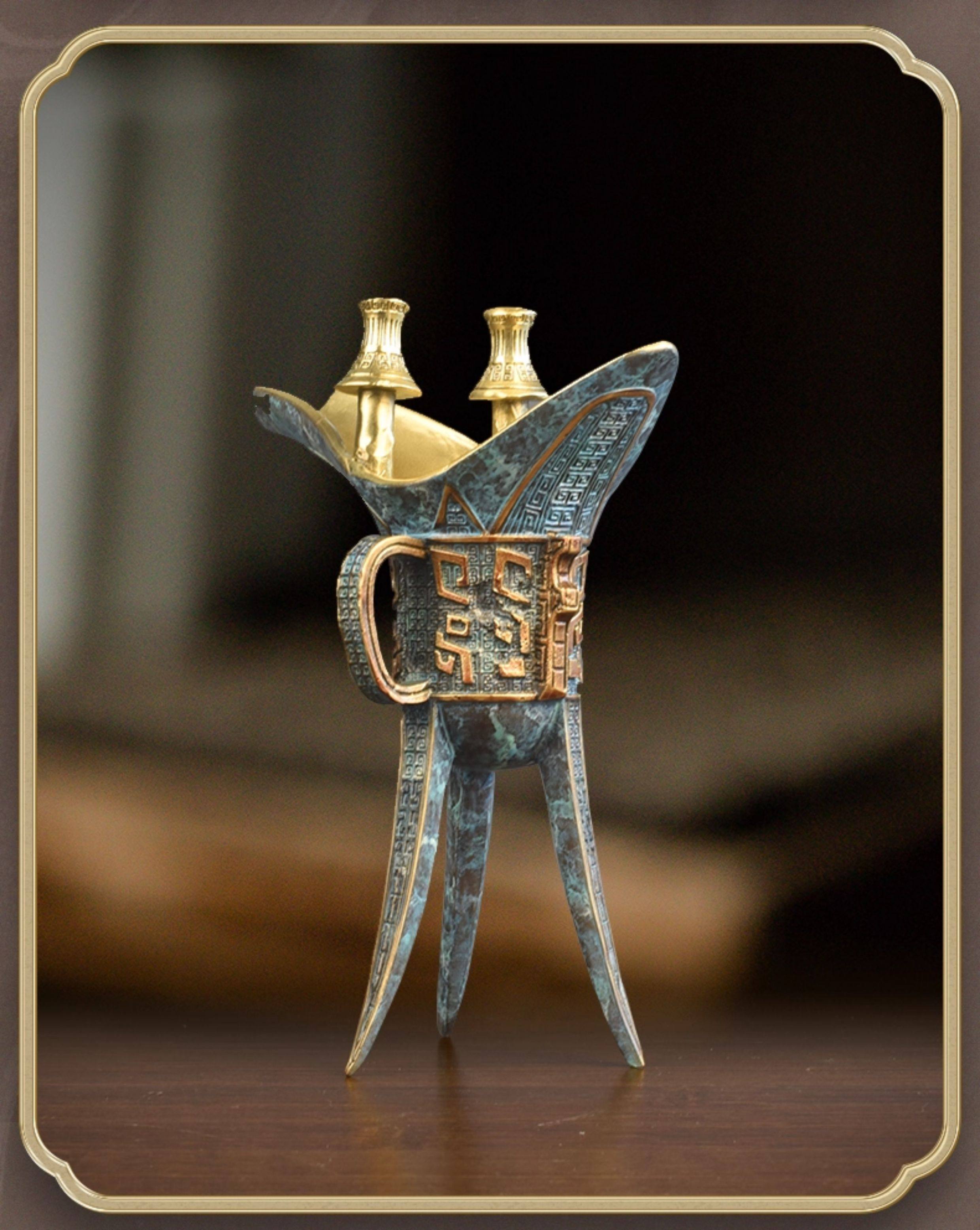 全銅酒杯擺件復古酒樽家用古代三足黃銅爵杯帝王酒樽酒鼎杯銅酒具|裝飾