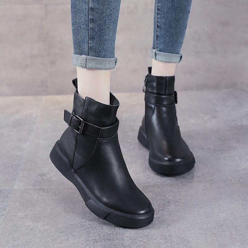 Martin Boots Woman 2021 Autumn Winter New flat-bottomed genuine leather Short boot Inn wind head Bull Leather Skinny Shoes Warm Boots