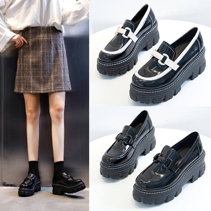 British style small leather shoes women's thick bottom Korean version all-match patent leather shoes 2022 autumn new heightened round toe platform shoes
