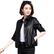 Black locomotive clothes leather jacket woman 2023 Spring and autumn new Korean version 100 Lapped Retro Short shirt collar jacket