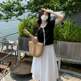 [Любимая обратная связь, распродана] Французская вязаная топ для женщин с плечами с короткими рукавами, свободной и тонкой темпераментной рубашкой для женщин