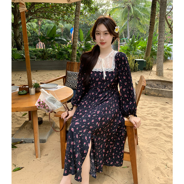 Masisi slightly fat plus size fat mm lace floral dress women's spring temperament slim long skirt mid-length skirt