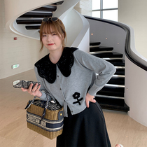 Massey Micro Fat Mm Doll Collar Knit Cardiovert Women Spring Embroidered Sweater Jacket Big Code Loose and Lean Blouse