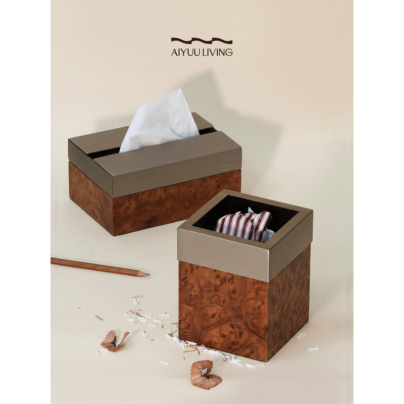 Aiyuu Living Natural Wood Grain Desktop Trash Can Living Room Study Storage Tissue Box Light Luxury Decorative Ornament