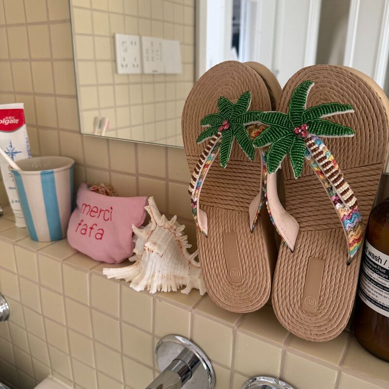 Niche Seaside Coconut Tree Flip-Flops, Summer Vacation Style Beach Sandals, Women's Summer Outdoor Handmade Thick-Soled Sandals