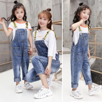 Spring dress new 2021 mother and daughter parent-child dress girl pants denim Korean mother conjoined sling ankle-length pants