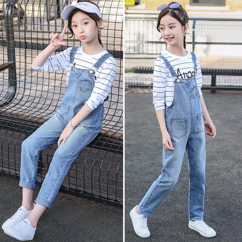 Spring and autumn girls denim baby bag pants suit 2021 new Western style children's loose children's sling pants